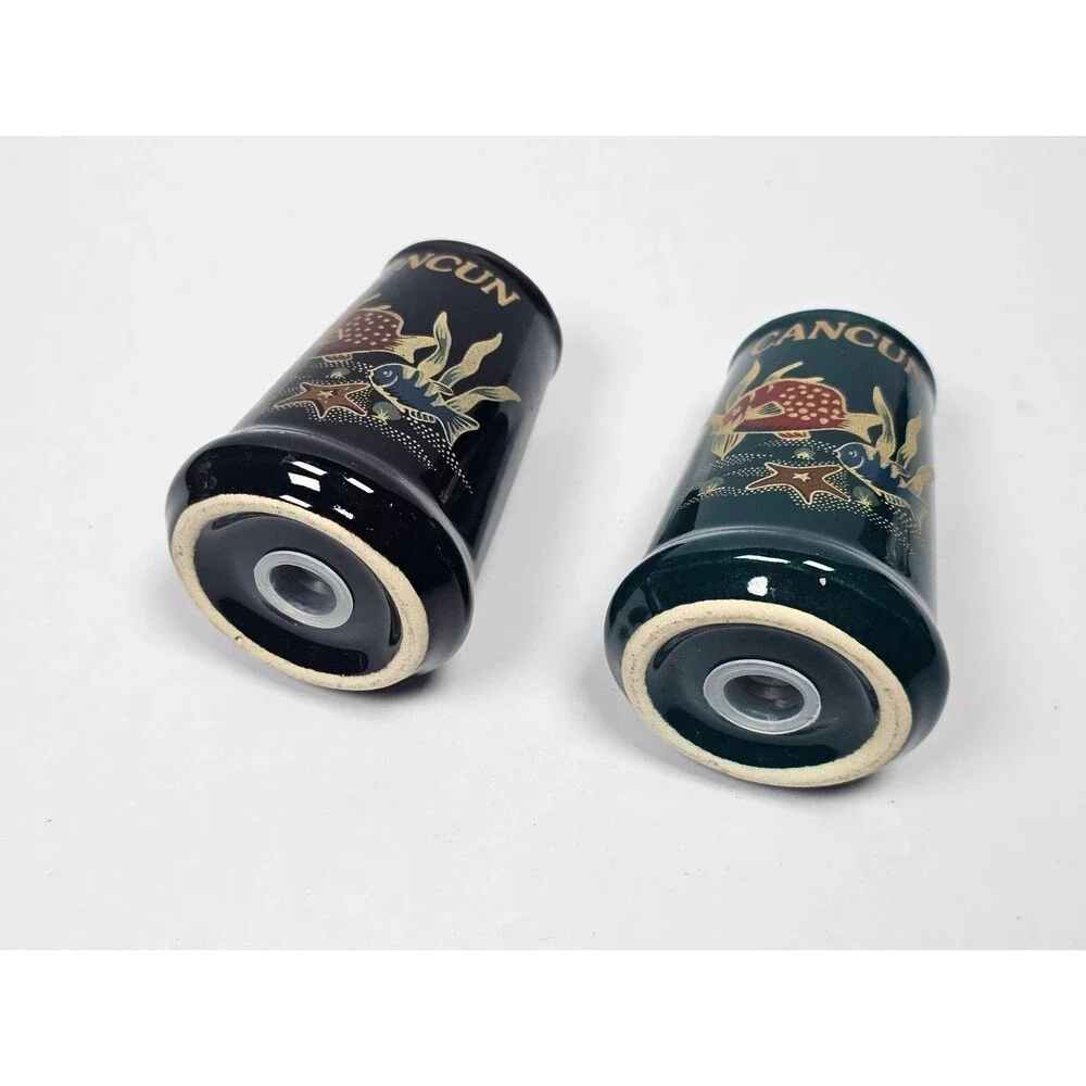 Cancun Mexico Salt Pepper Shakers Dark Green Ceramic Vintage Souvenir